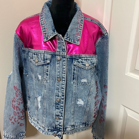Fuchsia Pink Denim Rhinestone Jacket Size 3X - Picture 1 of 6